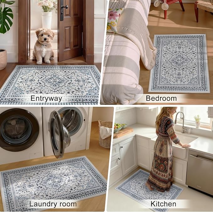 2' x 3' Blue Washable Area Rugs, Non-Slip Entryway Rug, Boho Low Pile Door Mat - Image 4