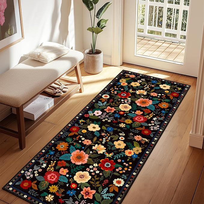 Floral 2x8 Area Rug Machine Washable Soft Print Boho Carpet Non Slip Doormat by RELEANY