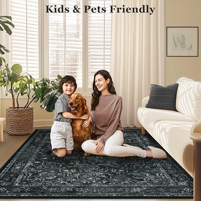 Dark Distressed Washable Area Rugs 9x12 Living Room, Washable Non Slip Low Pile - Image 5