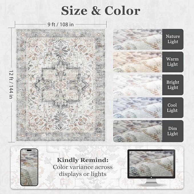 Large Farmhouse Area Rugs 9x12 for Living Room, Distressed Medallion Printed - Image 2