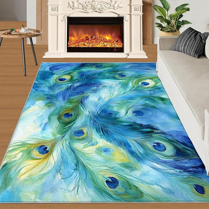 Peacock Feather Rug 5x6-5x6 Rug, Teal Turquoise Area Rugs - Image 3