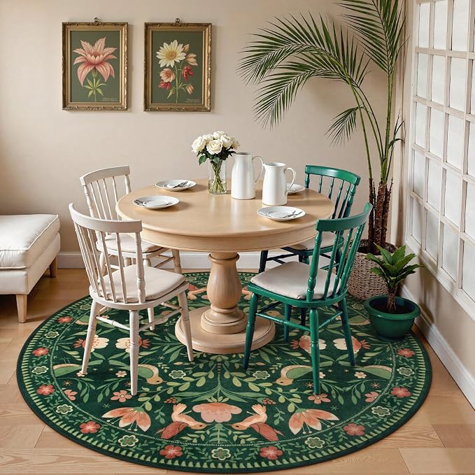 Moynesa Floral Bird Round Rug 6ft Washable Circle Rug Non Slip, Modern Cottage - Image 3