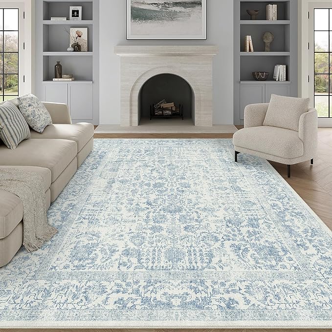 Blue Area Rug 10x12 Machine Washable Large Vintage Living Room Distressed Non by PureCozy
