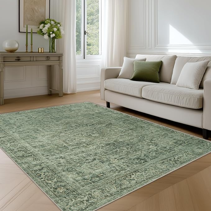 FMFUNCTEX 4x6 Washable Area Rug Green Neutral Vintage Distressed Oriental Non - Image 4