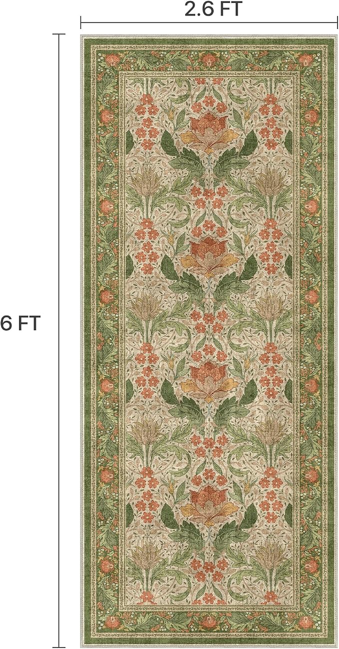 Bavni 2'6''x6 Runner Rug, Microfiber Washable Non-Slip Vintage Floral Rugs - Image 2