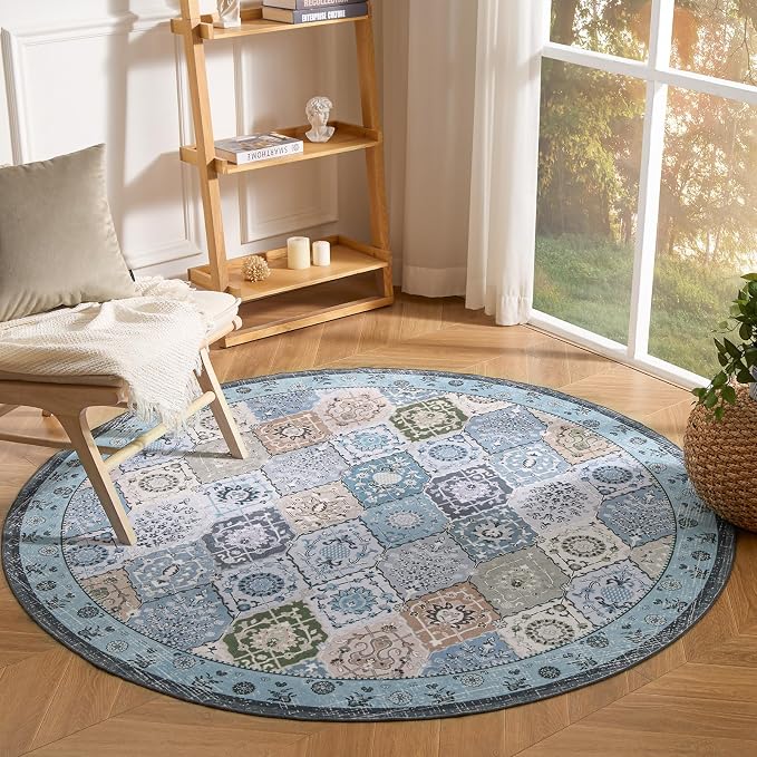 Phantoscope Washable Round Area Rug 6ft Non-Slip, Vintage Boho Rugs by Phantoscope