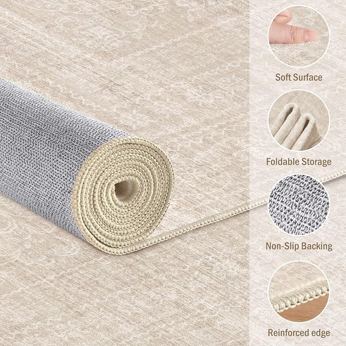 10x12 Area Rug Living Room: Washable Large Vintage Beige Rugs Neutral Non-Slip - Image 3