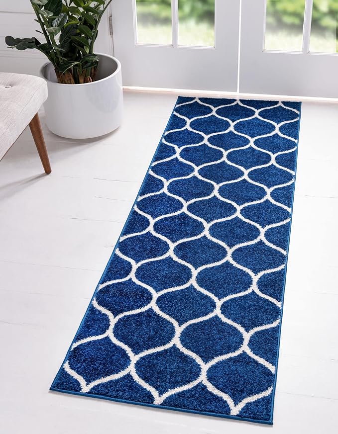 Rugs.com Lattice Frieze Collection Rug – 2' x 13' Runner Navy Blue Medium Rug by Rugscom