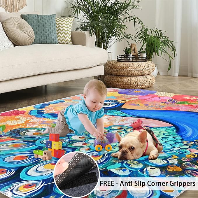 Peacock Area Rug 5x7-5x7 Rug, Boho Floral Rugs - Image 5