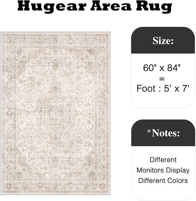 HUGEAR Area Rug 5x7 Vintage Beige Machine Washable Living Room Rugs Thin - Image 2