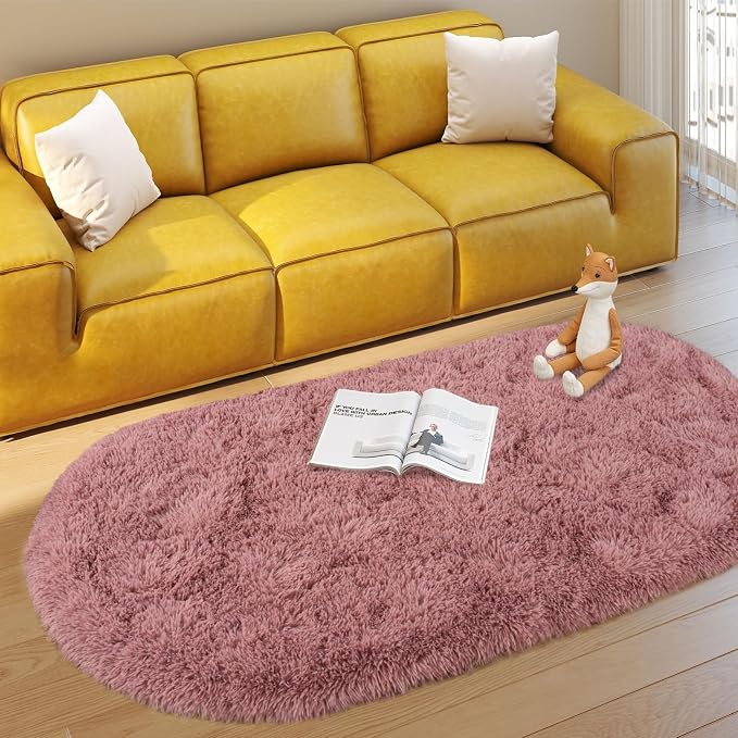 Soft Fluffy Rugs for Bedroom, Blush Pink Fuzzy Shaggy Oval Bedside Area Rug Set - Image 2