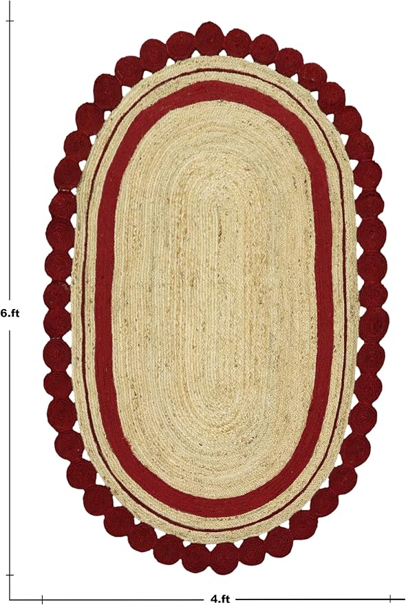 2.6x6 Oval Jute Runner – Oval Flatweave Kilim Rug, Solid Red Beige, Hand - Image 3