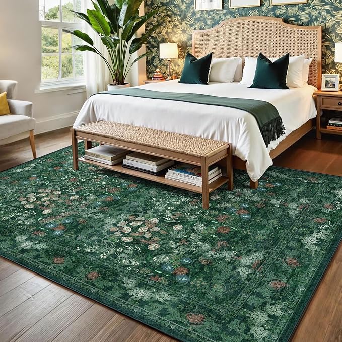 Green Boho Living Room 5x7 Area Rug, Floral Washable Vintage Distressed Rug - Image 2