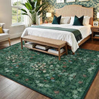 Green Boho Living Room 5x7 Area Rug, Floral Washable Vintage Distressed Rug - Image 2