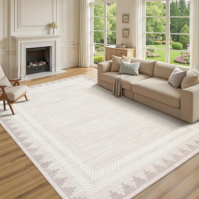 Geometric Bordered Machine Washable 9x12 Low Pile Area Rugs by RUGSREAL