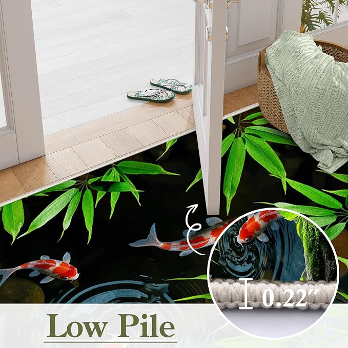 Pond Koi Fish Living Room Rug, Summer Greenery Moss Stream Indoor Decor Carpet - Image 6