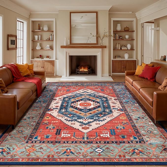 SERISSA Washable Rugs 9x12 Area Rugs, Large Non-Slip Boho Living Room Rust Rug by SERISSAHomeDecorCollection