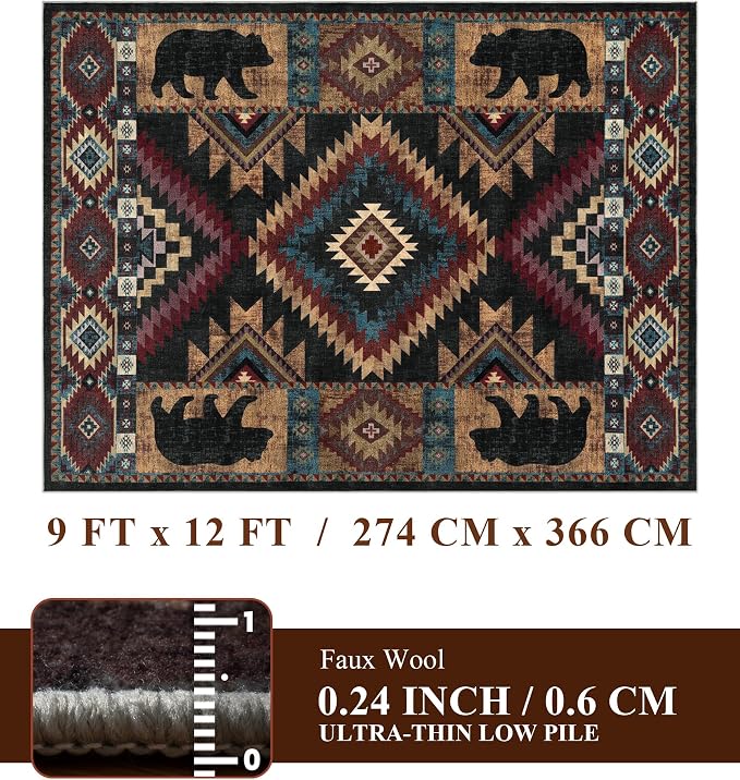 YIHOUSE Rustic Cabin Area Rug 9x12, Lodge Wildlife Bear Washable Large Area Rug - Image 2