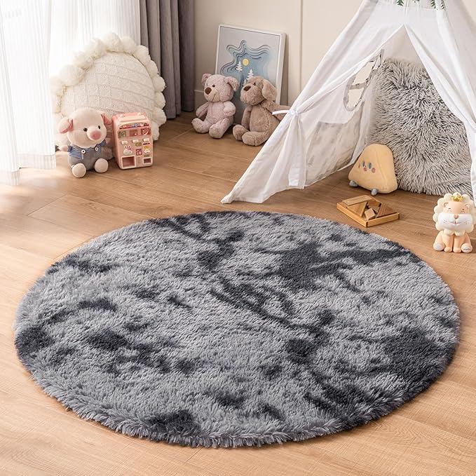 duduta Grey Plush Round Rug 4x4 ft, Tie Dye Gray Fluffy Shag Rugs by Duduta