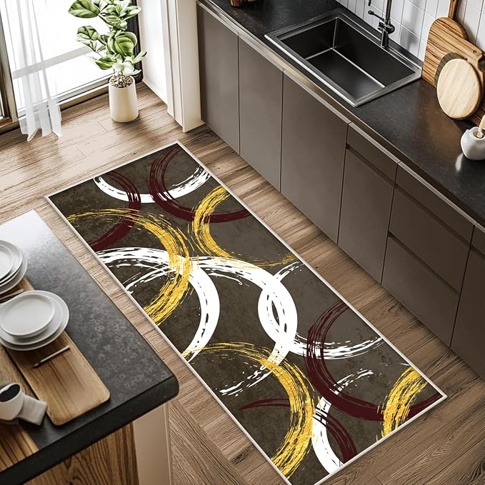 Gold White Red Circle Pattern Runner Rug, 4x12ft Washable Hallway Entrance Rugs - Image 3