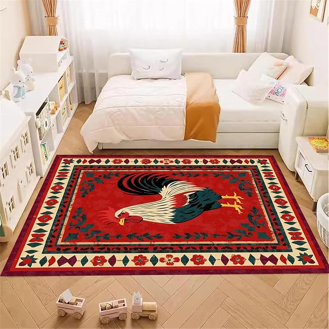 Vintage Rooster Area Rug, Beautiful Floral Border Country Style Rooster - Image 4