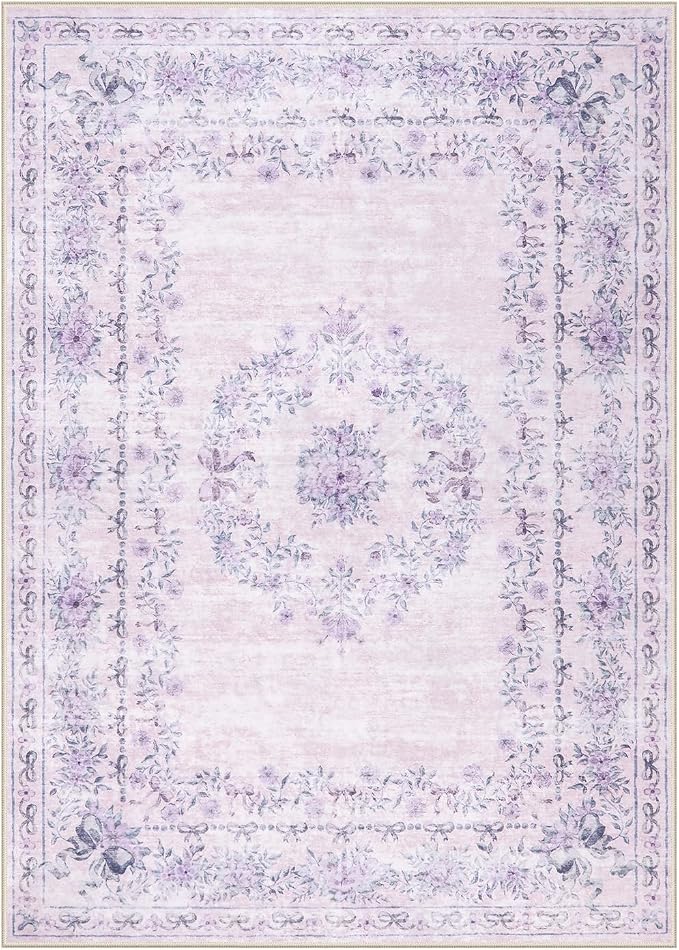 Wonnitar Floral Bow Print Purple Rug, 5x7 Washable Rug - Image 8