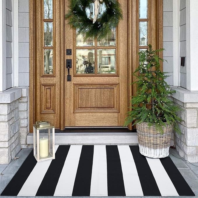 KOZYFLY Black and White Area Rug 27.5x43 Inches Striped Front Door Rug Cotton by KOZYFLY