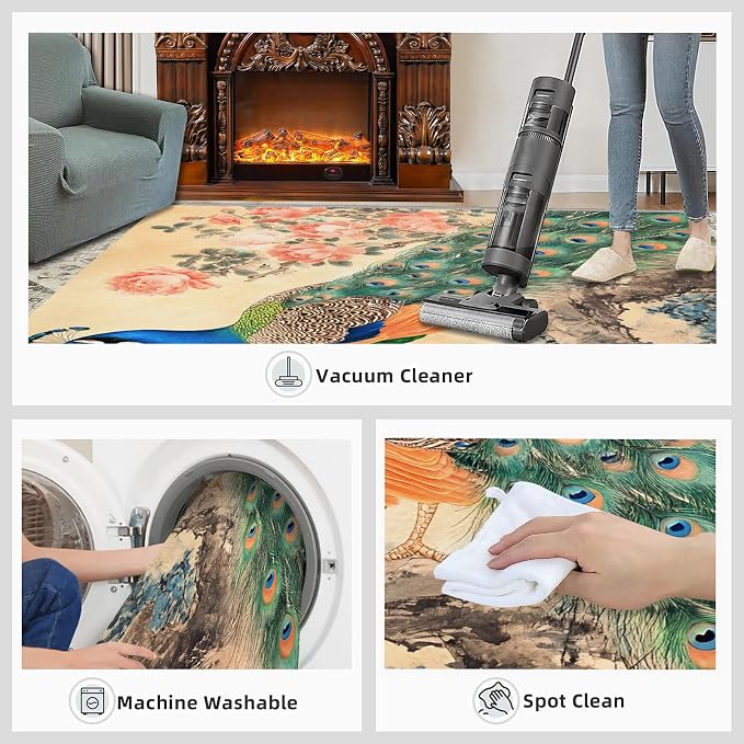 Peacock Peony Flower Area Rug 5x8-5x8 Rug, Classic Peacock Peony Rugs - Image 7