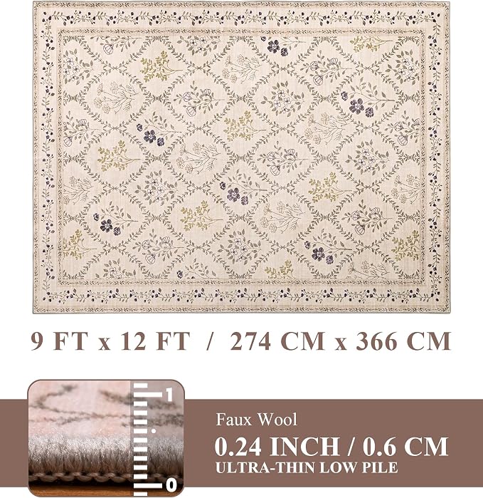 YIHOUSE Beige Floral Print Rugs, Moroccan Trellis 9x12 Washable Large Rug - Image 7