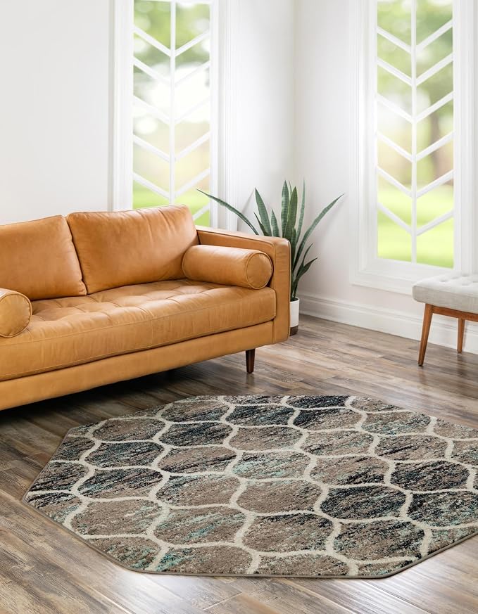 Rugs.com Lattice Frieze Collection Rug – 4 Ft Octagon Blue Multi Medium-Pile - Image 3