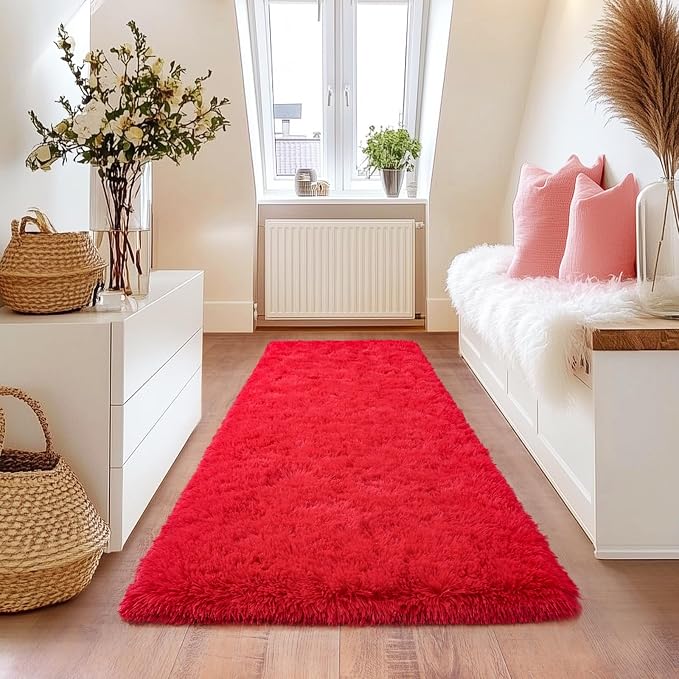 Red Runner Rug for Hallway, Bedroom Bedside Plush Rugs, Non Slip Fluffy Shaggy - Image 2