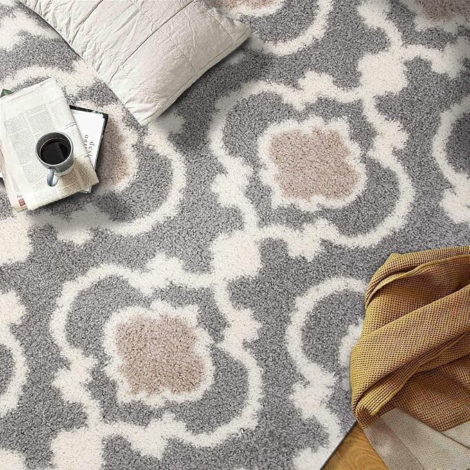 Rugshop Cozy Moroccan Trellis Indoor Shag Round Area Rug 6'6" Gray/Cream - Image 7