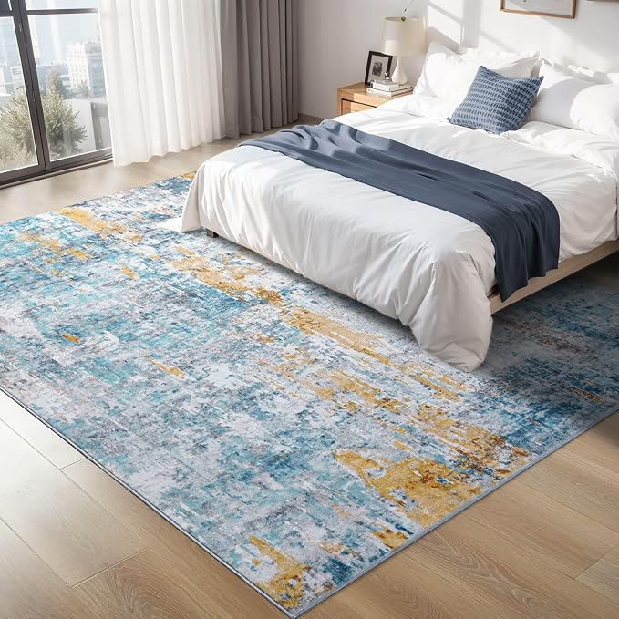 Ompaa Living Room Rug 6x9 Blue Area Rug Machine Washable Boho Rug Non Slip - Image 2