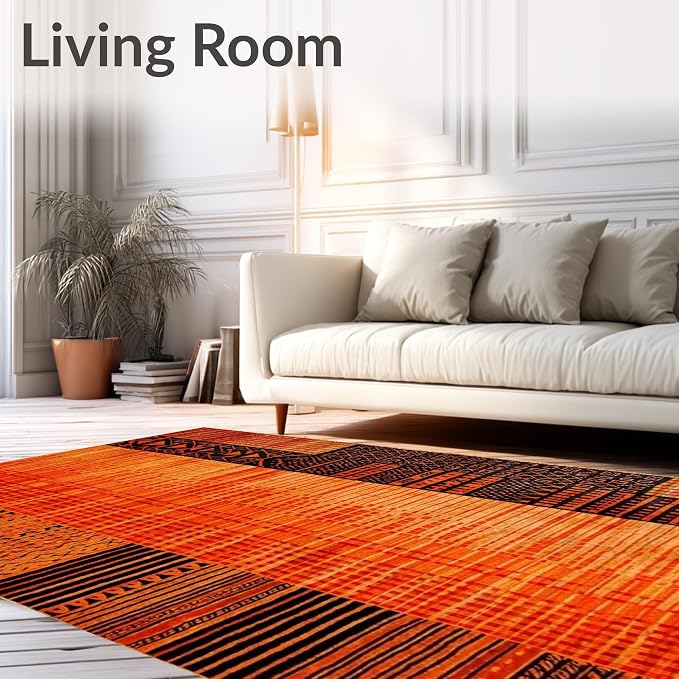 Flatwoven High Traffic Area Rug 8x10, Burnt Orange Copper Fiery Abstract Shape - Image 2