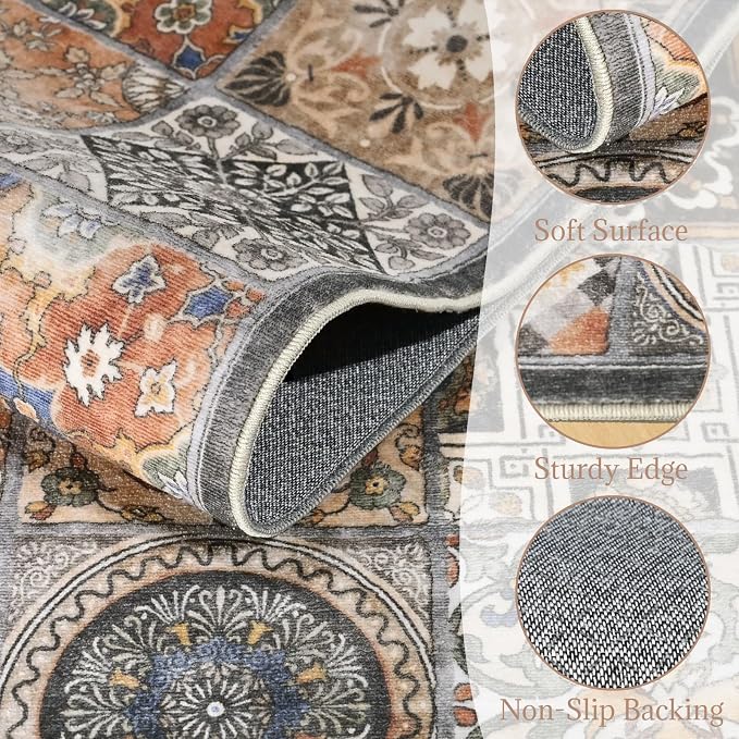 Washable Entryway Rug 3'x5 Non-Slip Backing Vintage Indoor Rug Low Pile - Image 3