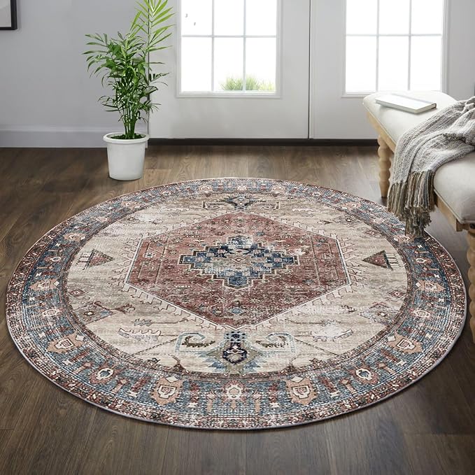 vivorug Round Rug 4FT Vintage Round Area Rug Non-Slip Indoor Carpet by vivorug