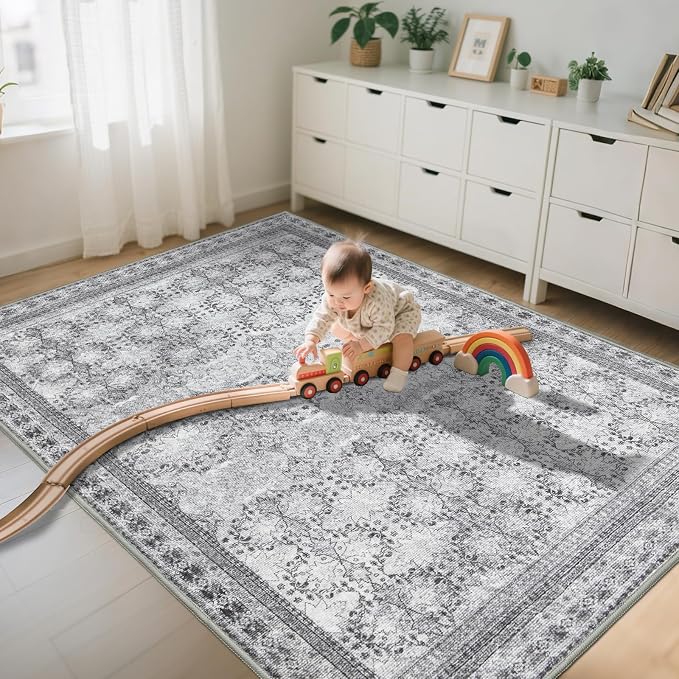 6x9 Washable Area Rug Non Slip, Faded Grey Living Room Rugs Low Pile, Thin - Image 8