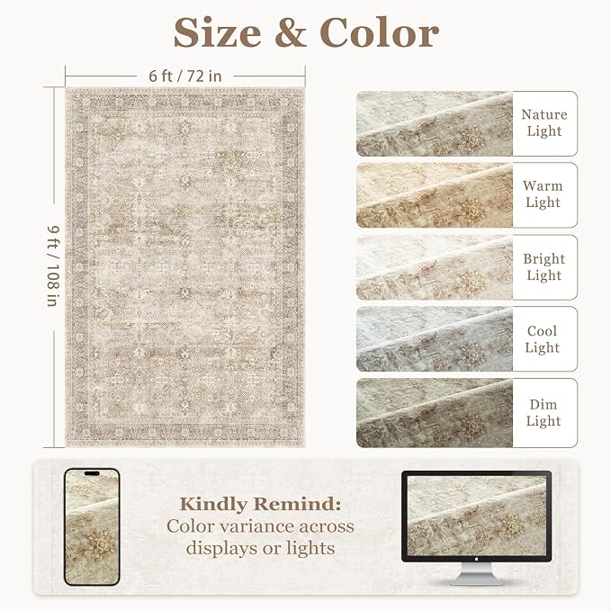 Beige Taupe Area Rug 6x9, Vintage Neutral Earth Tone Rugs - Image 2