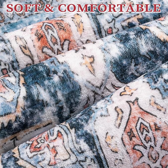 SERISSA 4x6 Boho Bedroom Rug, Washable Non Slip Vintage Blue Orange Area Rugs - Image 5