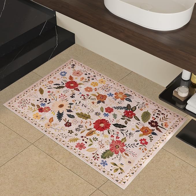 2x3 Washable Rug for Entryway, Floral Soft Small Area Rug, Non Slip Doormat - Image 4