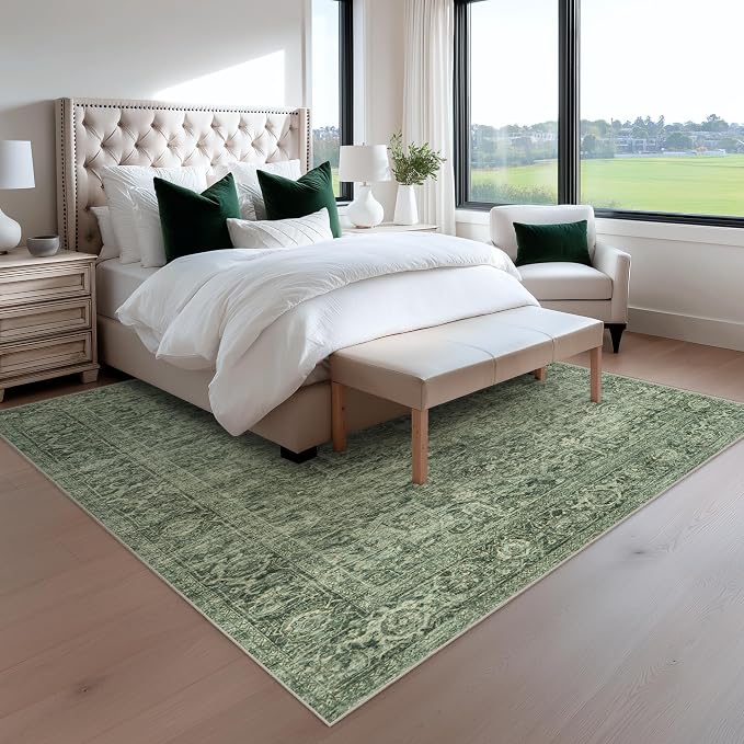 FMFUNCTEX 6x9 Washable Area Rug Green Vintage Neutral Distressed Oriental Large - Image 3