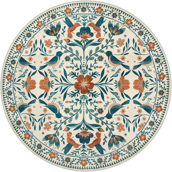 Moynesa Floral Bird Round Rug 6ft Washable Circle Rug Non Slip, Modern Bohemian - Image 2