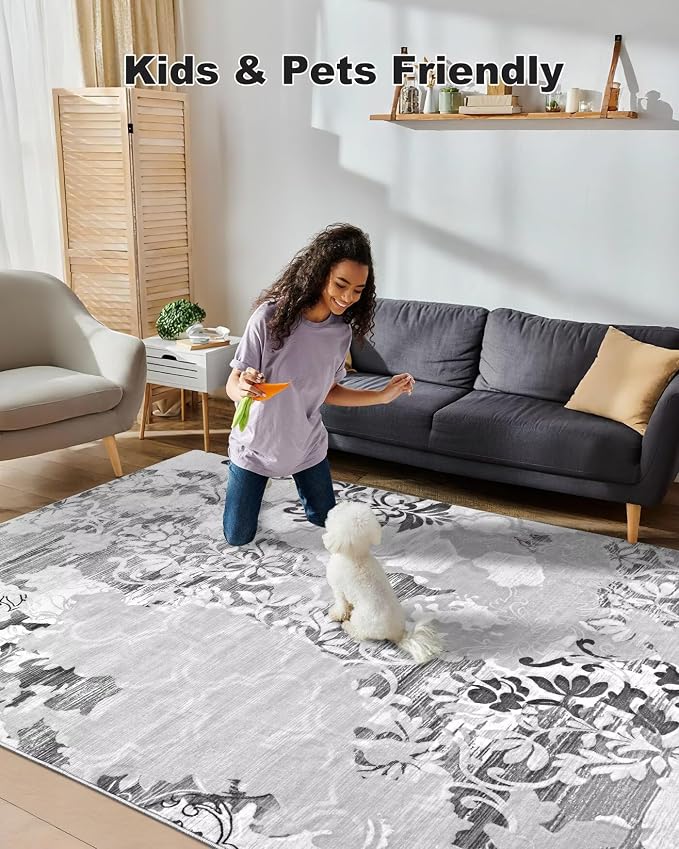 Washable Abstract Rug, 4x6 Classic Grey and White Floral Area Rugs - Image 4