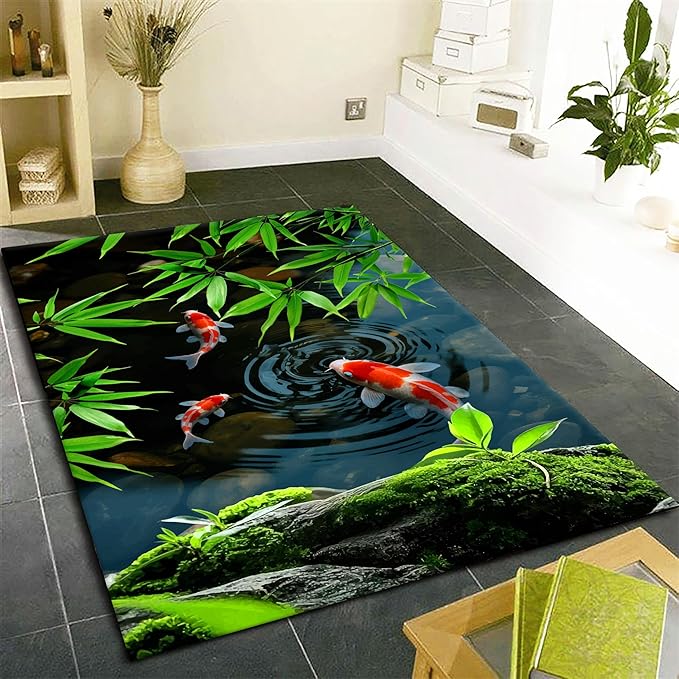 Pond Koi Fish Living Room Rug, Summer Greenery Moss Stream Indoor Decor Carpet - Image 3
