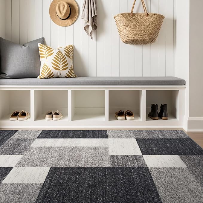 Rugshop Gray Modern Geometric Boxes Non-Slip Area Rug Non-Shedding by Rugshop