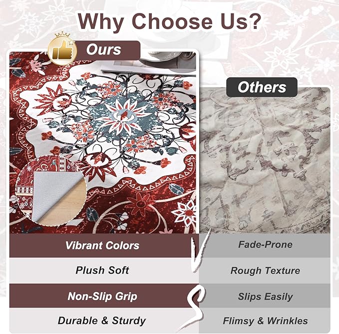 Luxury 5' x 7' Red Washable Area Rugs, Boho Low Pile Easy Clean Non-Slip Rug - Image 5