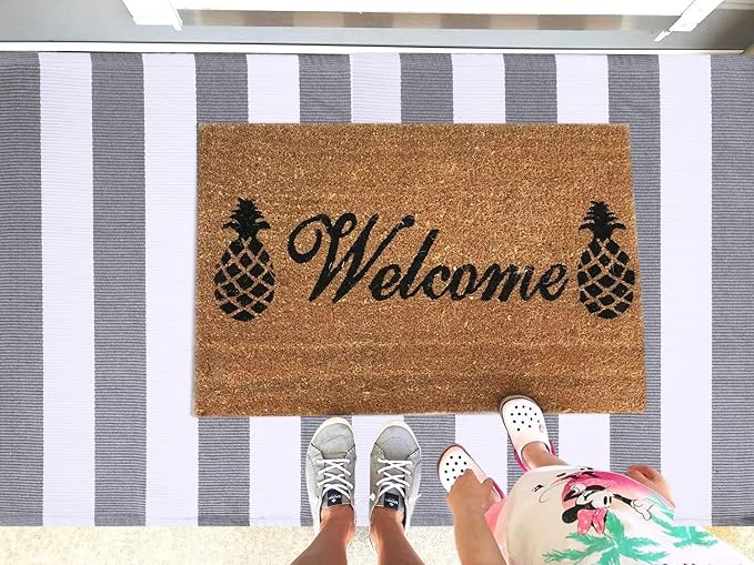 KOZYFLY Striped Outdoor Rug 3x5 Ft Front Door Rug Gray and White Hand Woven - Image 4