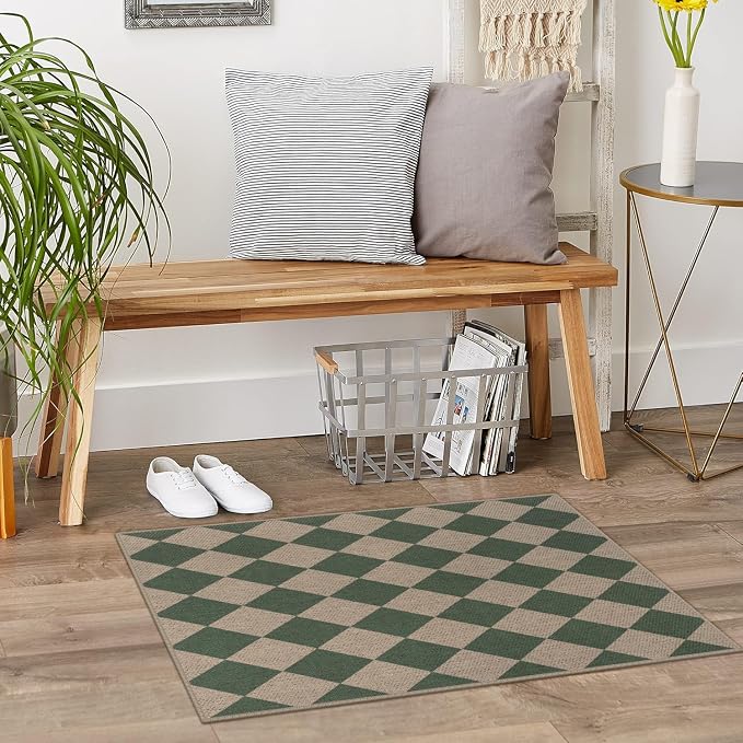 Easy Jute Checkered Entryway Rug, 2x3 Green Modern Indoor Outdoor Doormat - Image 7