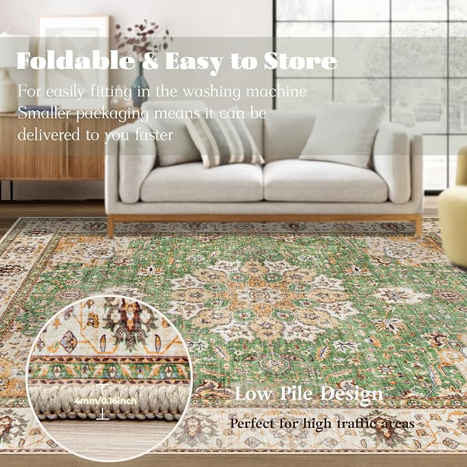 Area Rug 6x9 Washable Rug, Vintage Boho Medallion Rugs Non-Slip Soft Low Pile - Image 6