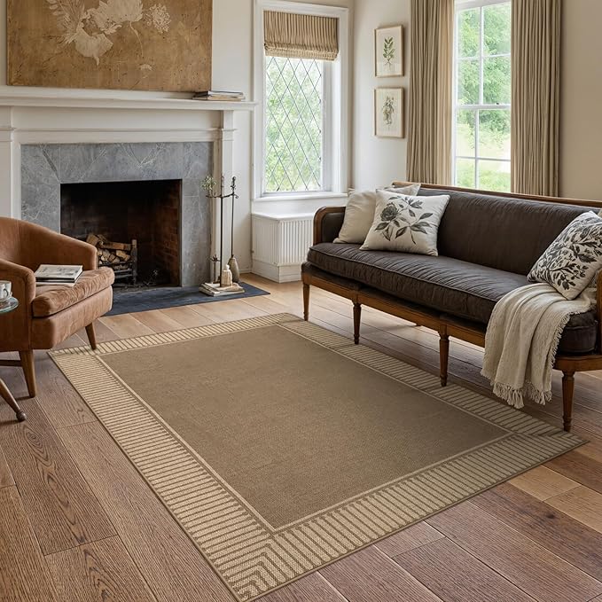 Moynesa Brown Striped Border Easy Jute Outdoor Indoor 5x7 Area Rugs by Moynesa